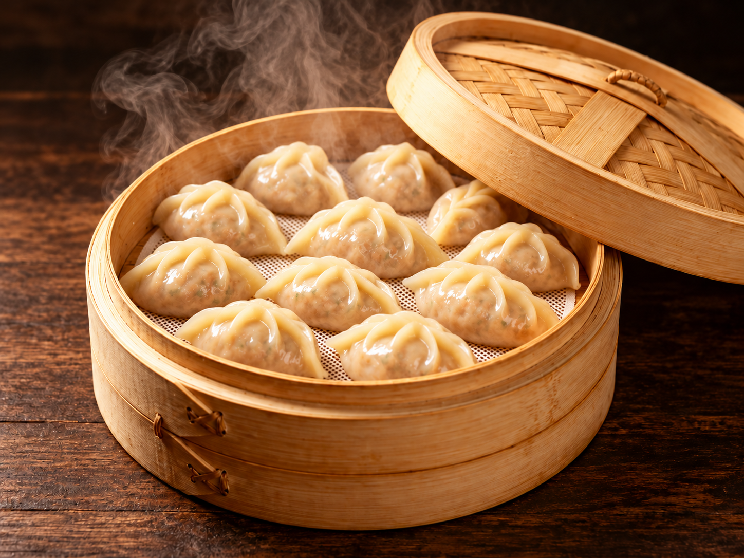 竹蒸笼中的清蒸饺子示意